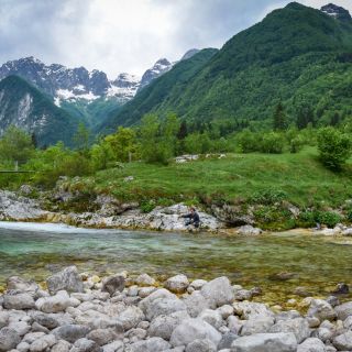 The valley of the Soca river, Alps behind