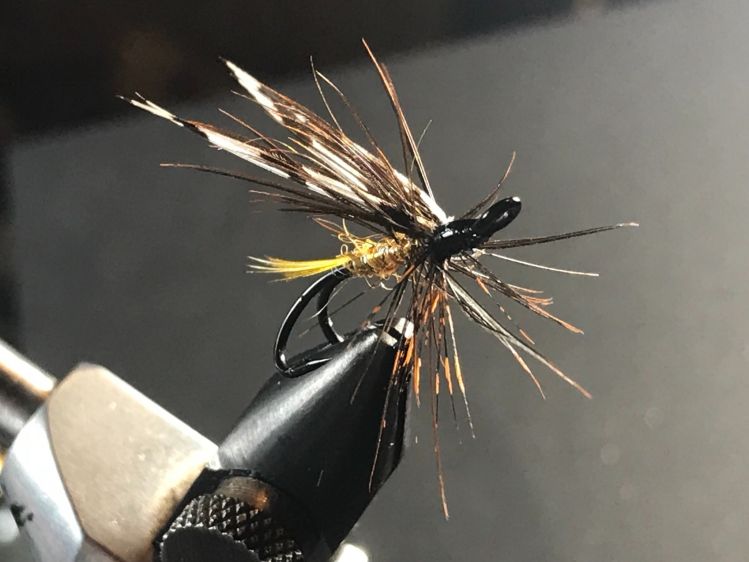 Salmon fly.Size 10.Tied on Partridge code Q.Double.
Tenkara style hackle.
Waves and vibrations in water important for Atlantic Salmon and that's why Fransis works great.