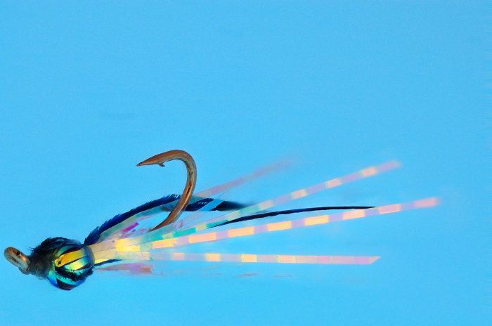 #16 Sockeye Shiner -- a micro streamer. Tungsen bead, Flashabou and a few blue-dyed pheasant tail fibers

